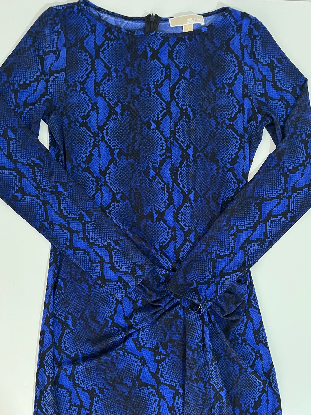 Michael Kors Royal Blue Snake-Print Long-Sleeve Ruched Dress size S - Picture 2 of 6